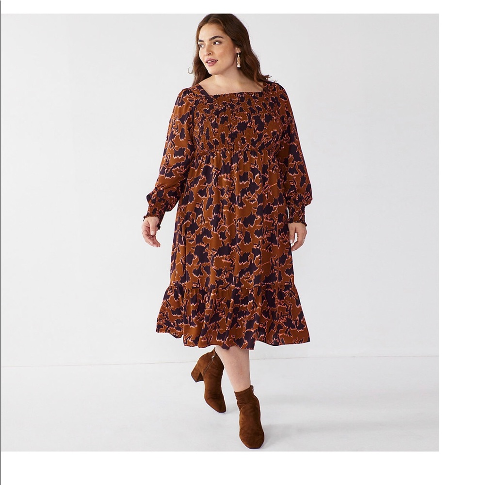 Women’s Nine West Long Sleeve SquareNeck Brown Vine Floral Dress Size S, L, XL